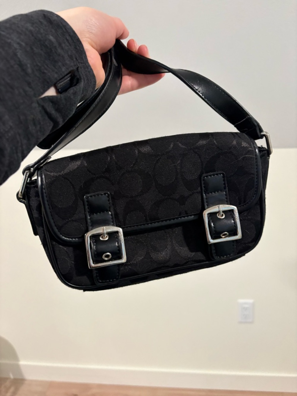 Coach Black Signature Canvas Shoulder Bag with Silver Buckles